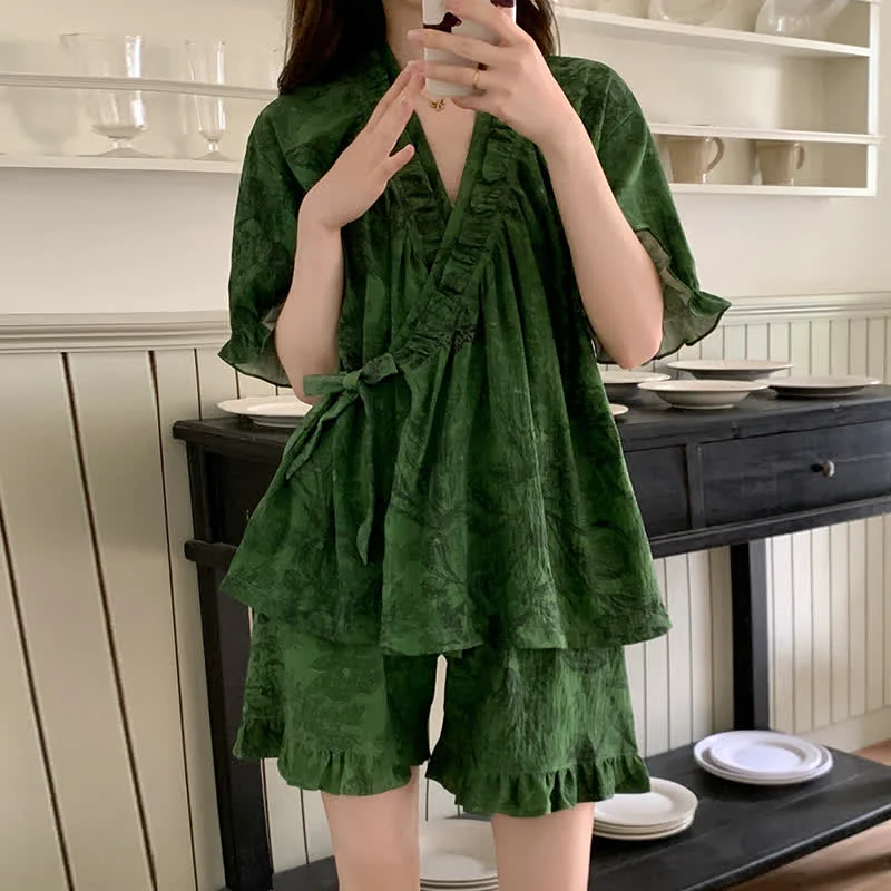 Traditional Ownkoti Stylish Botanical Ruffle Sleeve Pajama Set Quality