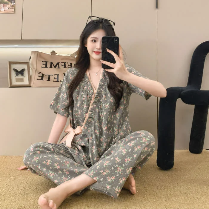 Reusable Ownkoti Rose Print Ruffle Kimono Sleepwear Set Fine