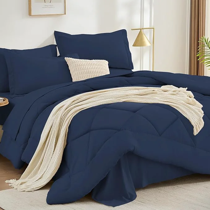 Consistent FUANNA 7 Pieces California King Size Comforter Set All Season Bed in a Bag Cal King Size Luxury Soft Bedding Sets with Comforter Flat Sheet Fitted Sheet Pillowcases amp Pillow Shams Navy Blue Smooth