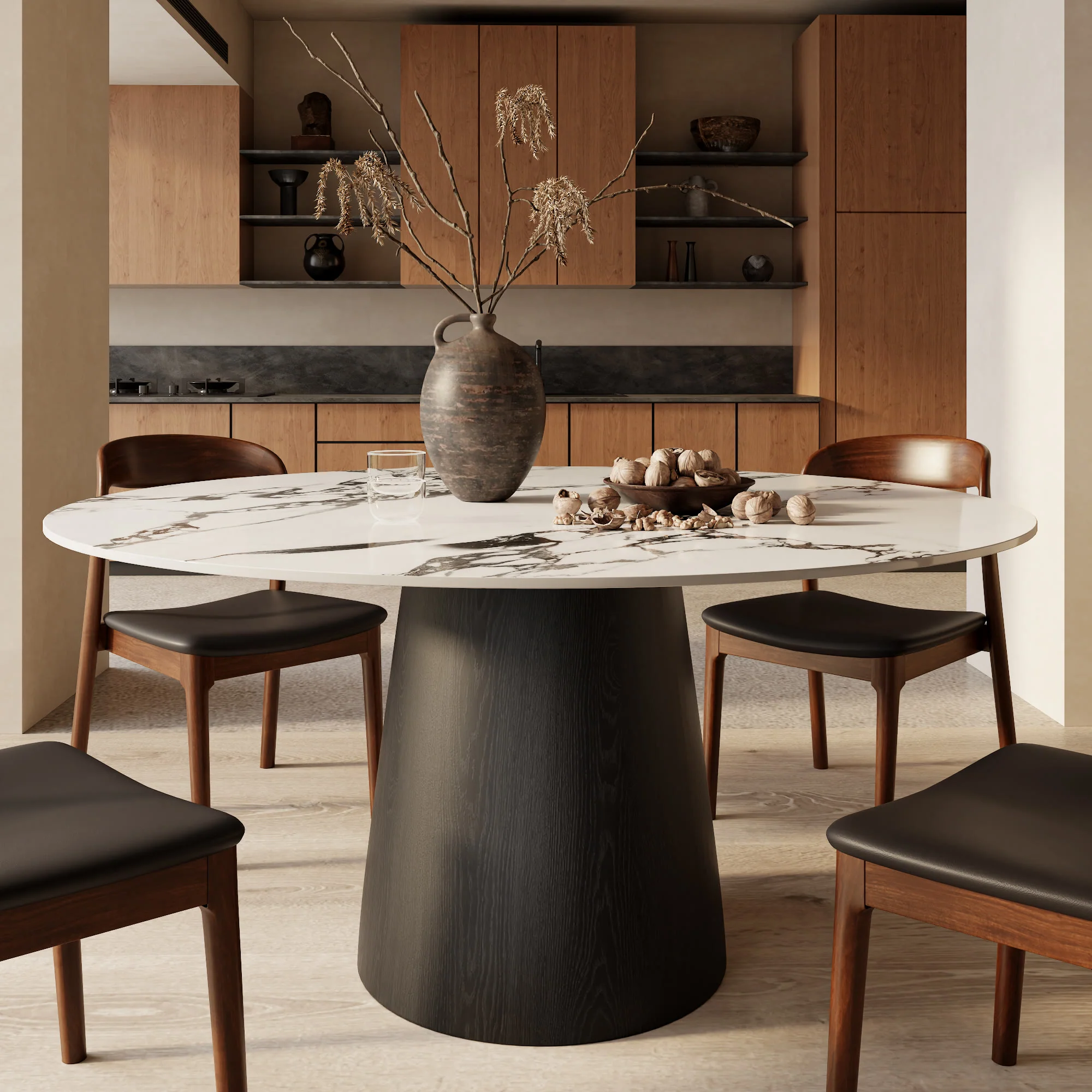 Ownkoti Modern Round Black Dining Table For Dining Room Kitchen For 4 Comfortable