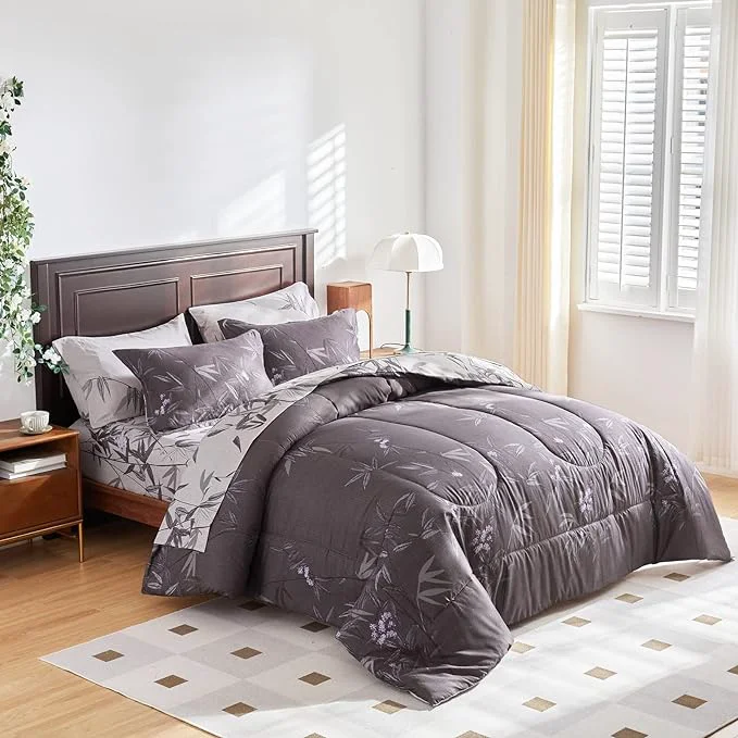 Refined 7 PC Bed in a Bag Queen Comforter Set w Sheets amp Pillowcases Black Leaves Botanical Design Lightweight Bedding for All Season 1 Comforter 2 Pillow Shams 1 Fitted Sheet 2 Pillowcases Soft