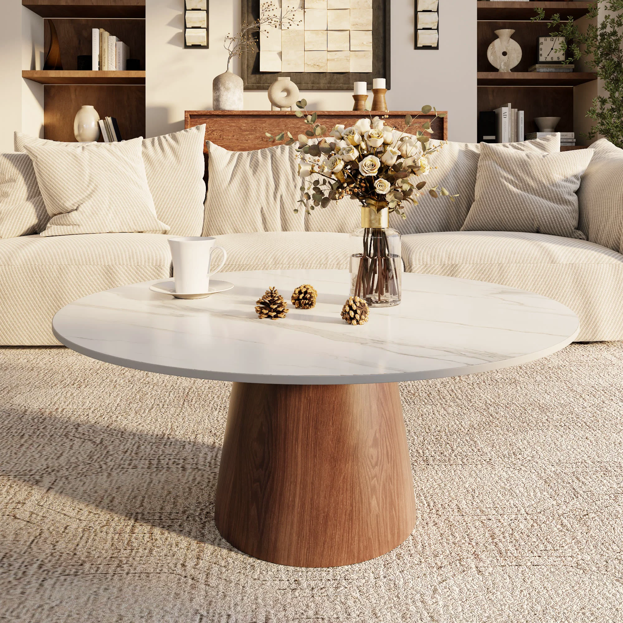 Selected Ownkoti Mid-century Round Solid Wood Pedestal Coffee Table Practical