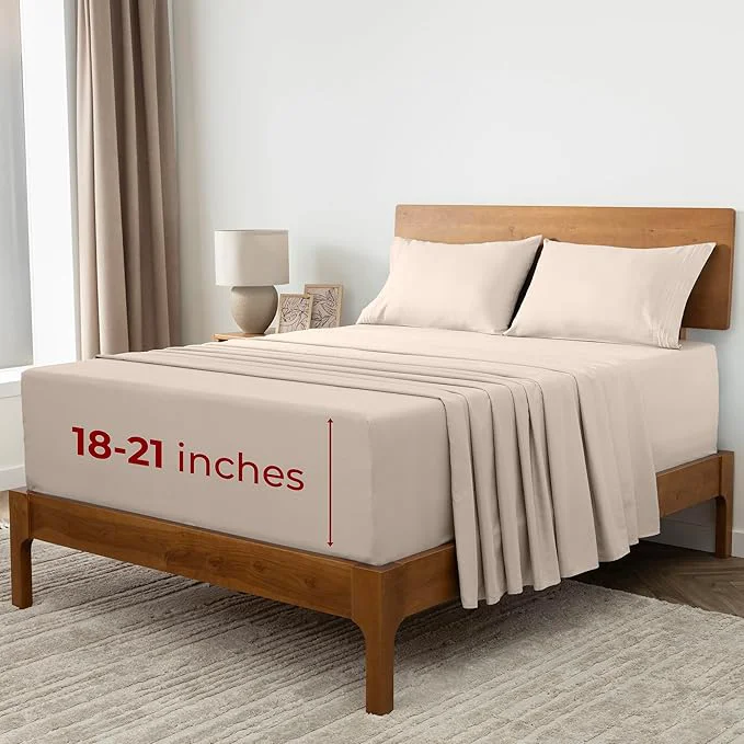 Pure Mellanni Extra Deep Queen Sheets – 4 PC Iconic Collection Bedding – Hotel Luxury Ultra Soft Cooling Bed Sheets – Wrinkle Fade Stain Resistant Queen Beige Advanced