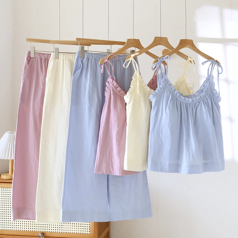 Innovative Ownkoti Solid Color Ruffle Cotton Camisole Pajamas Contemporary