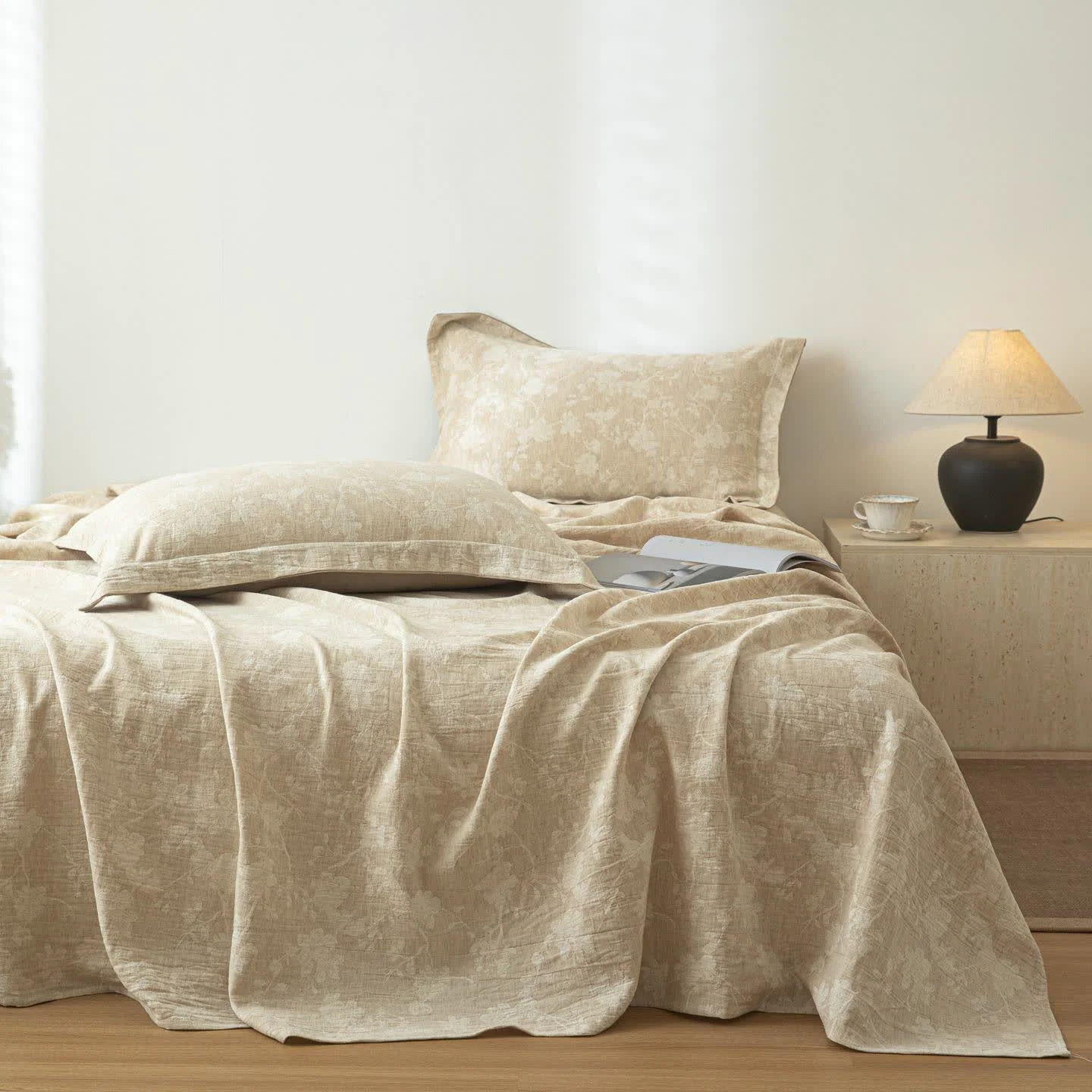 Consistent Ownkoti Beige Floral Textured Cotton Linen Bedspread Green