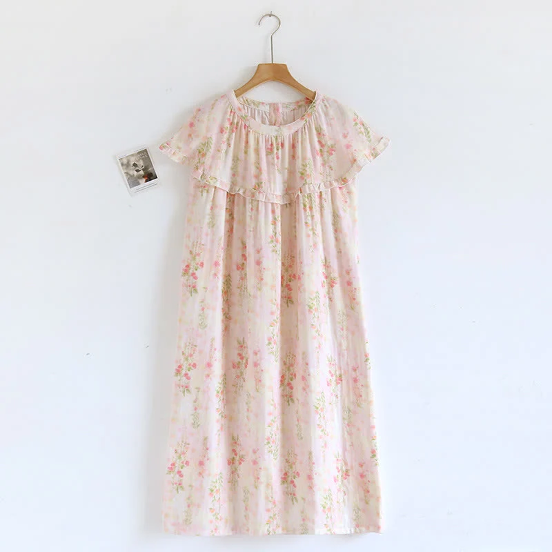 Unique Ownkoti Ruffle Neck Rose Print Cotton Nightgown Fashionable