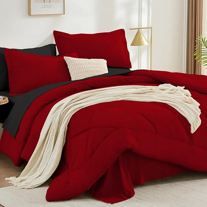 Unique FUANNA 7 Pieces Queen Comforter Set All Season Bed in a Bag Queen Size Luxury Soft Bedding Sets with Comforter Flat Sheet Fitted Sheet Pillowcases amp Pillow Shams Red amp Black Minimalist
