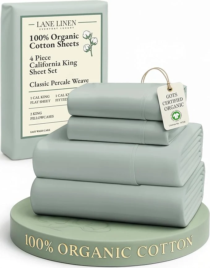 Specialty LANE LINEN Organic Cotton California King Sheets Set Soft amp Comf Low Pill Fade Resistant Mercerized Cotton Fully Elasticized Cal King Sheets Fits Mattress Upto 15 quot Deep -Cool Blue Casual