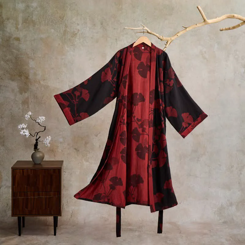 Premium Ownkoti Large Ginkgo Leaf Cotton Kimono Robe Solid