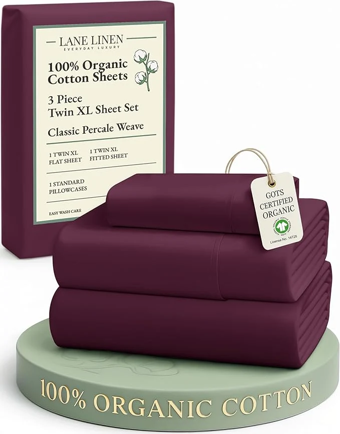 First-Class LANE LINEN Organic Cotton Eco Friendly Sustainably Produced Twin XL Sheet Set Mercerized Soft amp Comfy Extra Long Twin Bedding Set Naturally Cooling Cotton Sheets- Windsor Wine Sophisticated