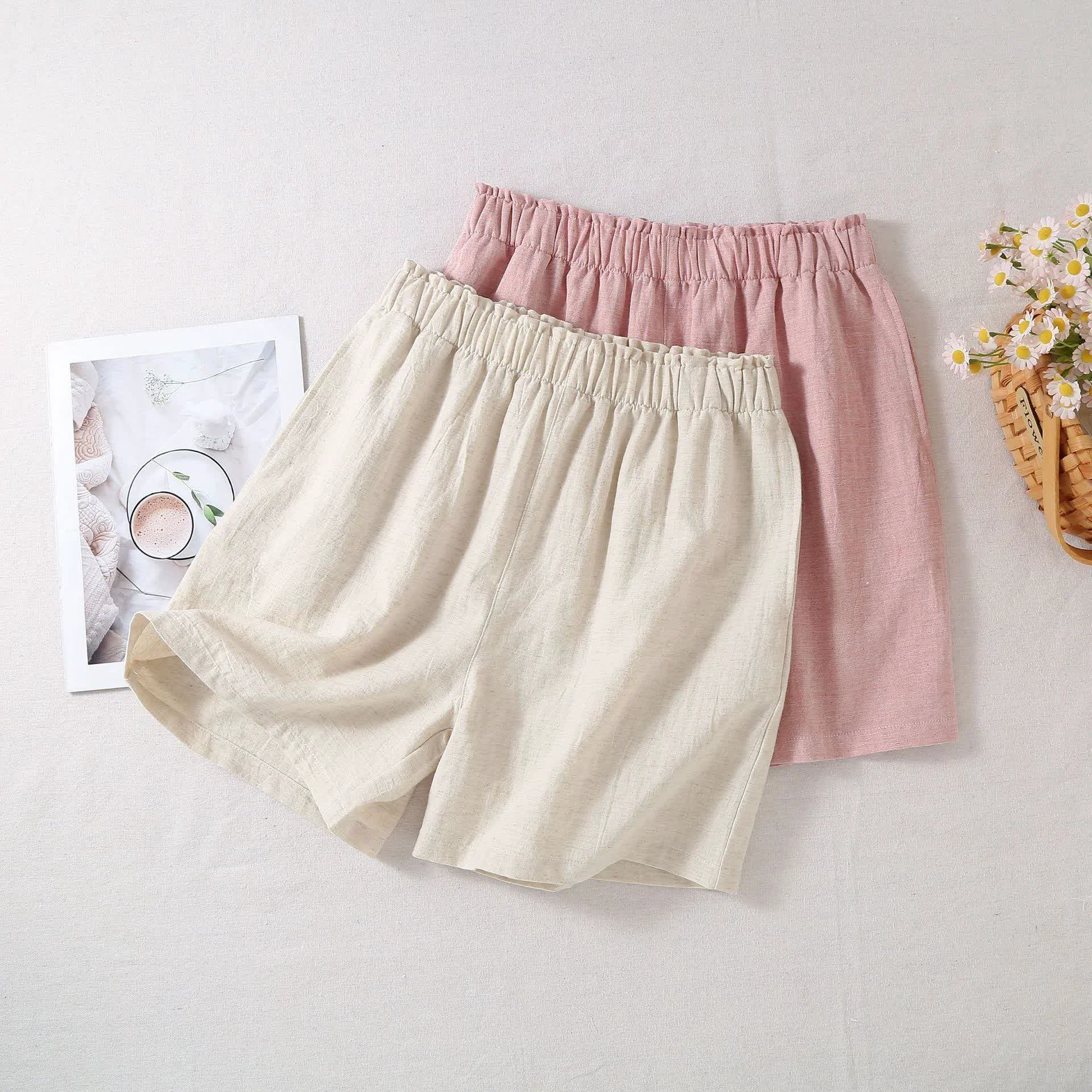 Traditional Ownkoti Natural Cotton Linen Pajama Shorts Relaxed