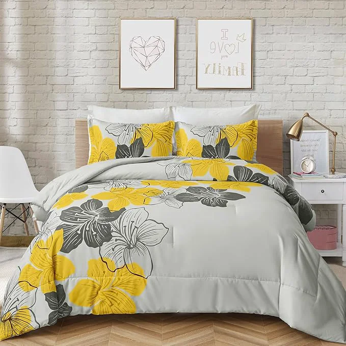 Sustainable Menghomeus Floral Comforter Set Queen Yellow Floral Pattern Printed on Grey Soft Microfiber Bedding Set Lightweight Bed Set for All Season 3 Piece 1 Comforter 2 Pillowcases Refined