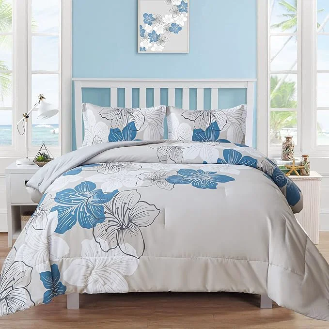 Recyclable Menghomeus Floral Comforter Set King Blue Flower Pattern Printed on Grey Soft Microfiber Bedding Lightweight Boho Bed Set for All Season 1 Comforter 2 Pillowcases Original