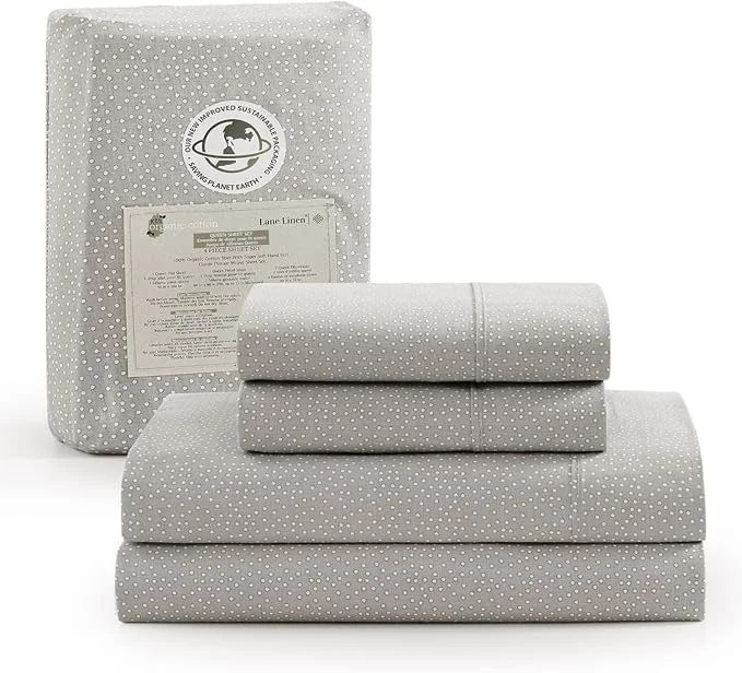 Original LANE LINEN Organic Cotton Grey White Dot Full-Sheets Set 4-Piece Long Staple Percale Weave Bedding Sheets for Bed Breathable Fits Mattress Upto 15in Deep Practical