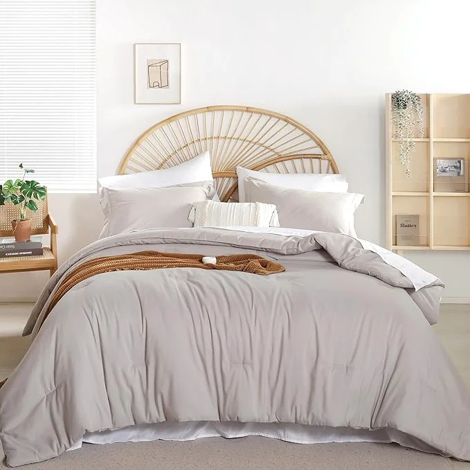 Fashionable weigelia King Comforter Set Linen Grey Comforter King Bed in a Bag Bedding Set 7 Pieces King Size Comforter Set with Sheets for All Season Long-Lasting