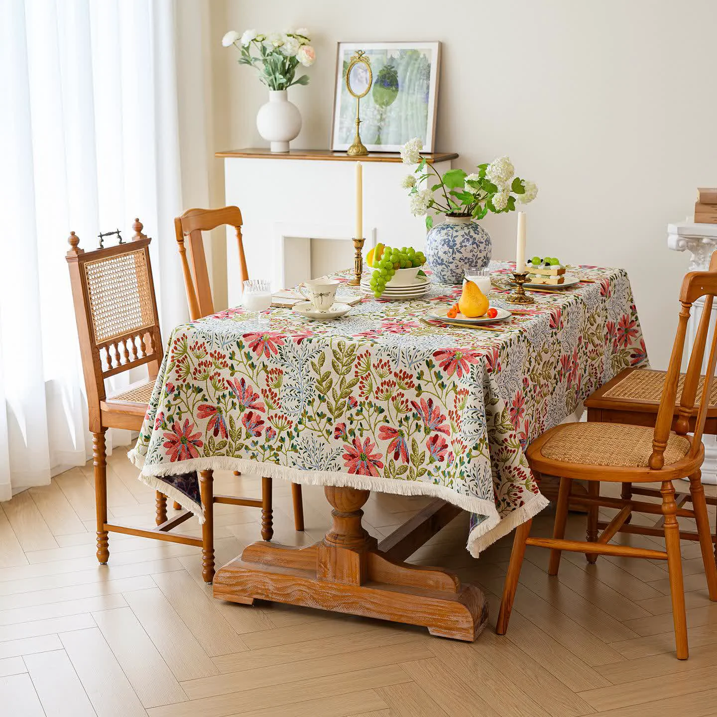 Specialty Ownkoti Rustic Floral Jacquard Tassel Tablecloth Unique