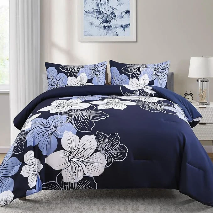 Advanced Menghomeus Full Comforter Set Navy Blue Floral Bedding Comforter Sets – Soft Microfiber Bed Comforter Set for All Season 3 Piece Botanical Flowers Comforter Pillowcases Specialty