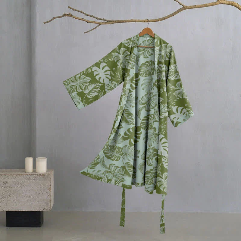 Fine Crafted Ownkoti Monstera Print Cotton Gauze Kimono Robe Official