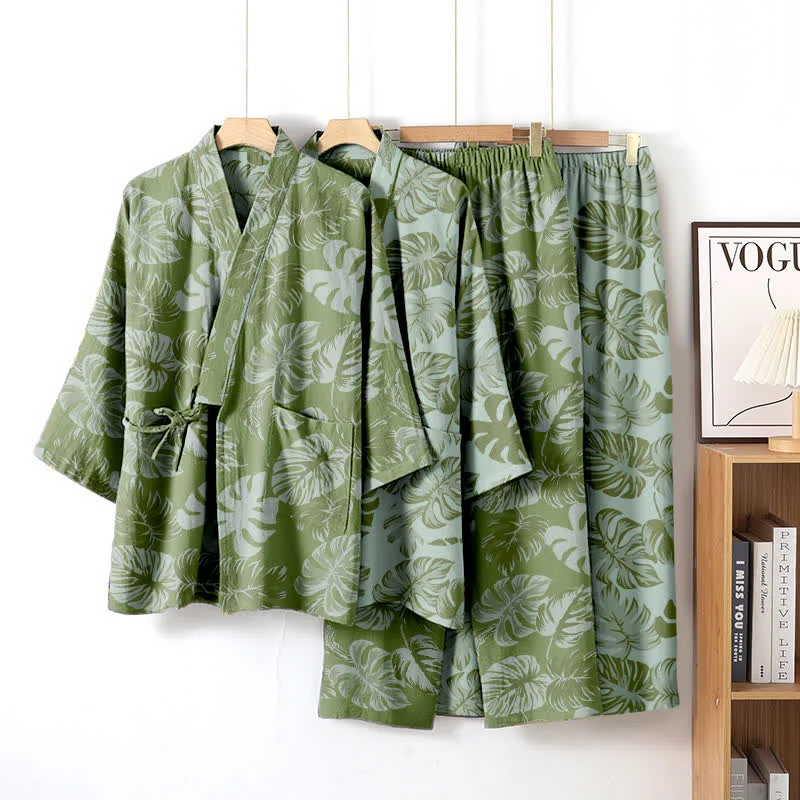 Soft Ownkoti Monstera Cotton Gauze Kimono Loungewear Set Flexible