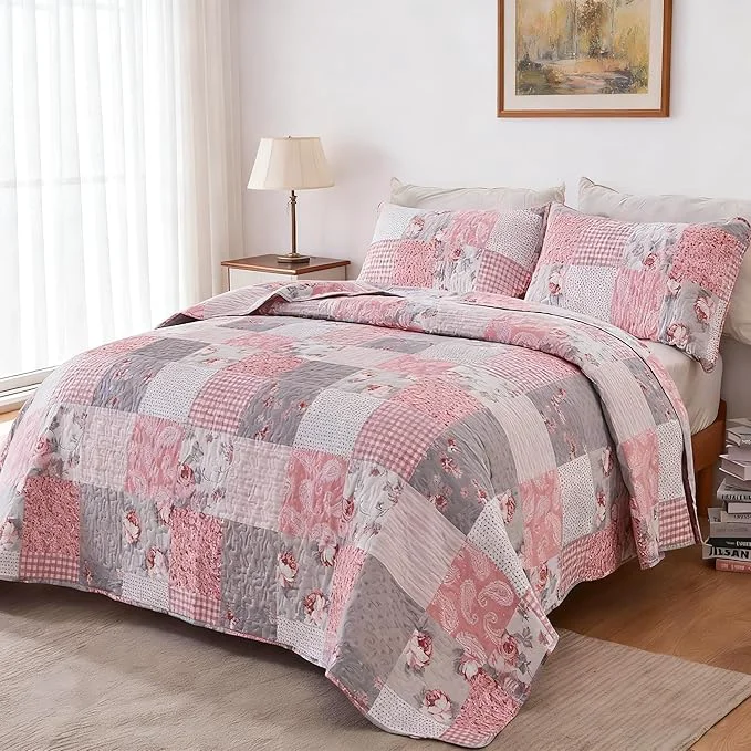 Natural Full Queen Size Quilt Set Pink Floral Plaid Patchwork Rversible Quilted Bedspread Coverlet Set 3-Piece Grey Grid Flowers Lightweight Comforter Bedding Set Bed Sheet Cover Blanket with 2 Pillow Shams Pink Grey Quilt Set Queen Size Quilt Set Queen Be… Clean