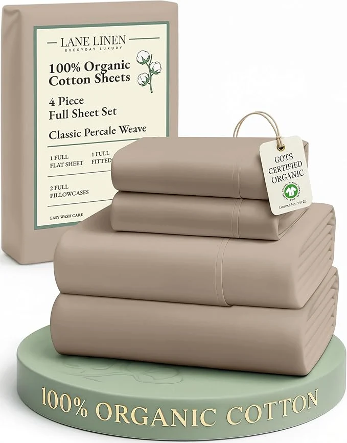 Convenient LANE LINEN Organic Cotton Sheets Set Pure Organic Cotton Long- Staple Percale Weave Ultra Soft – Bedding Sheets for Bed GOTS Fits Mattress Upto 15in. Deep Pocket Full Taupe High-Grade