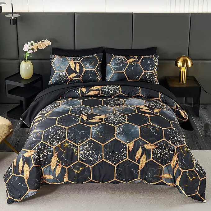 Outstanding ANGIYUIN Geometric Black Queen Comforter Set 7 Pieces Modern Foil Print Decor Gold Trim Bed in A Bag Ultra Soft Lightweight Duvet Insert for All Season Black Queen Flexible