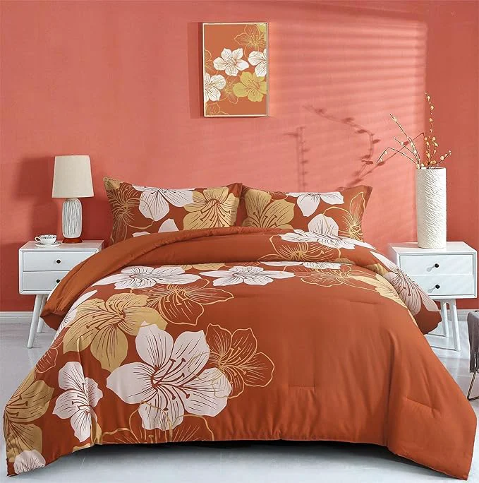Professional Menghomeus Terracotta Comforter Set King Gold Floral Bedding Burnt Orange Botanical Bedding Sets Lightweight Thanksgiving Bed Comforter Set 1 Comforter 2 Pillowcases Verified