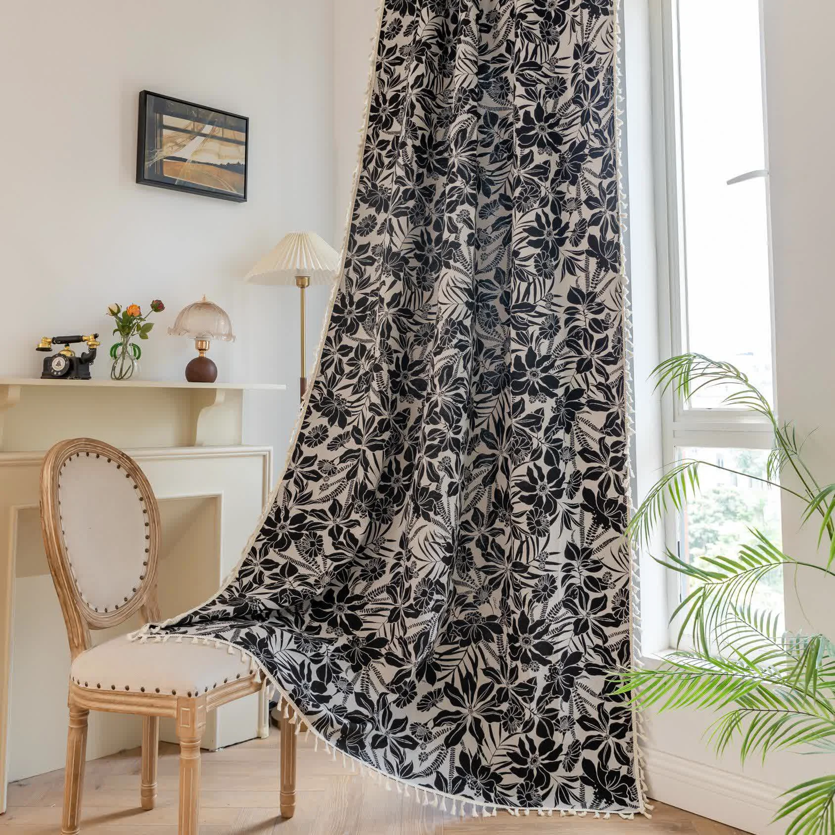Eco-Friendly Ownkoti Vintage Black Floral Tassel Curtain Prestigious