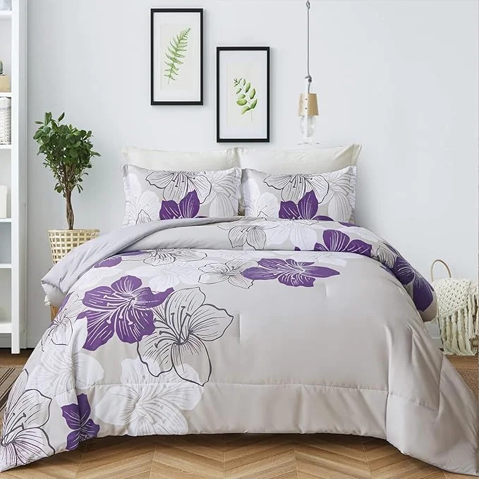 Optimized Menghomeus Floral Comforter Set Full Purple Flower Pattern Printed on Grey Soft Microfiber Bedding Set Lightweight Boho Bed Set for All Season 3 Piece Elegant