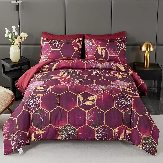Comfortable ANGIYUIN 7 Pcs Burgundy and Gold Queen Comforter Sets Print Hexagon Honeycomb Bed in A Bag 3D Marble Watercolor Comforter Bedding Sets Geometric Gold Trim Bed Sets with Sheets Burgundy Queen World-Class