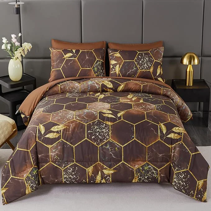 High-End ANGIYUIN 7 Pieces Taupe Gold Comforter Set Geometric Bed in A Bag Full Honeycomb Hexagon Bedding Marble Watercolor Bedding Sets Foil Print Bed Comforter Sets with Pillowcases Sheets Brown Full Responsible