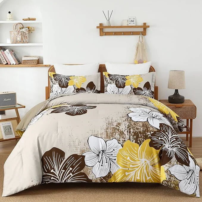 Refined Menghomeus Brown Floral Comforter Set Queen Ombre Brown Bedding Lightweight Microfiber Bed Comforter for All Season 3 Piece Flowers Comforter with 2 Pillowcases Recyclable