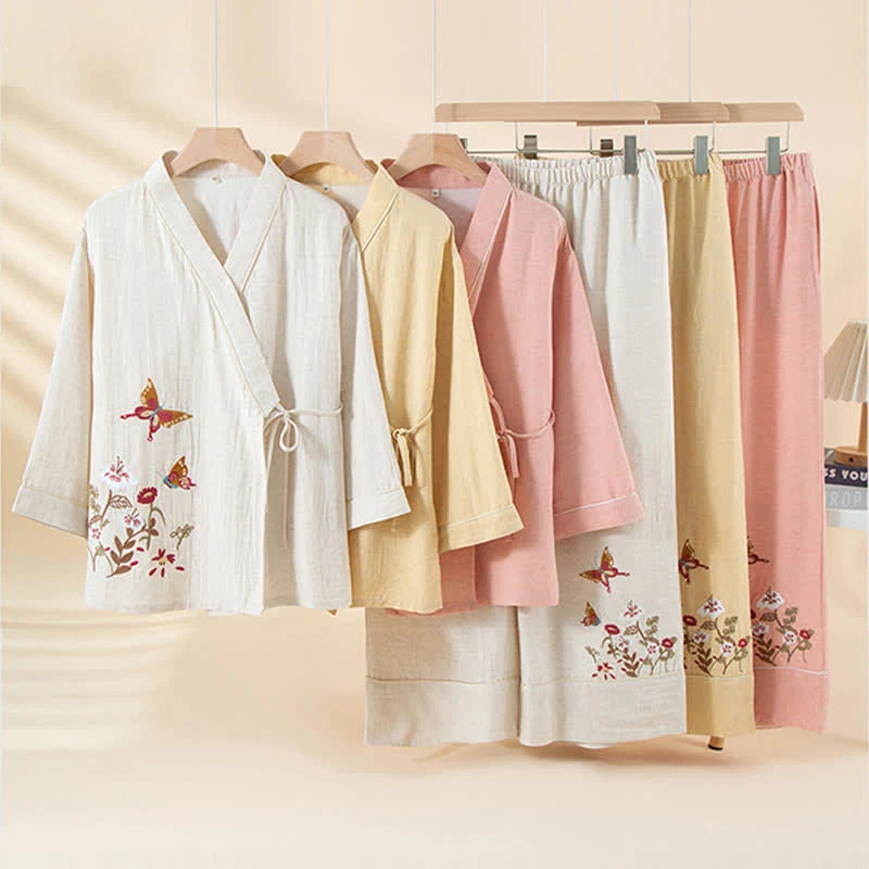 Innovative Ownkoti Butterfly Floral Embroidered Kimono Loungewear Set Pure