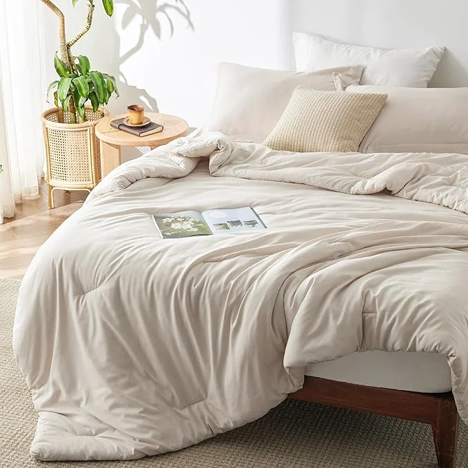 Organic Bedsure Queen Comforter Set – Beige Soft Bedding for All Seasons Cationic Dyed Bed Set 3 Pieces 1 Queen Size Comforter 90 quot x90 quot and 2 Pillow Shams 20 quot x26 quot 2 quot Fine Crafted