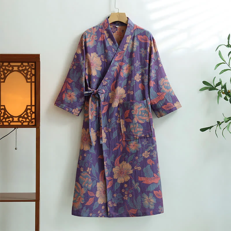 Elite Ownkoti Hibiscus Cotton Gauze Pocket Bathrobe Casual