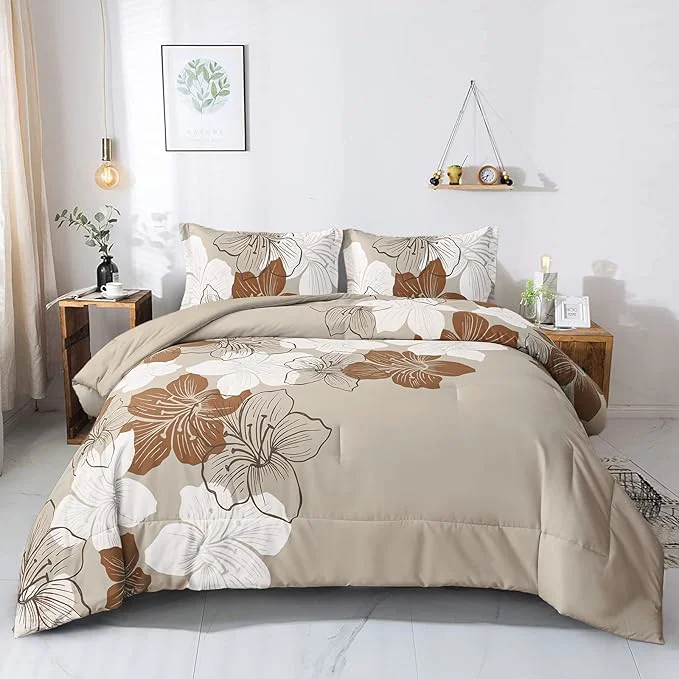 Contemporary Menghomeus Brown Comforter Set Queen Taupe Floral Comforter Khaki Botanical Bedding Sets Soft Bed Comforter Set for All Season 1 Comforter 2 Pillowcases Natural