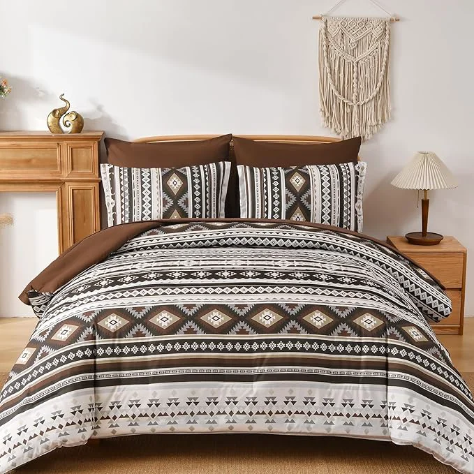 High-Grade Dinjoy Drak Brown Boho Comforter Set Queen Size 7 Pieces Bed in a Bag Queen Coffee Aztec Bedding with Sheets Bohemian Geometric Striped Complete Set for Fall Winter 90 quot ×90 quot Smart
