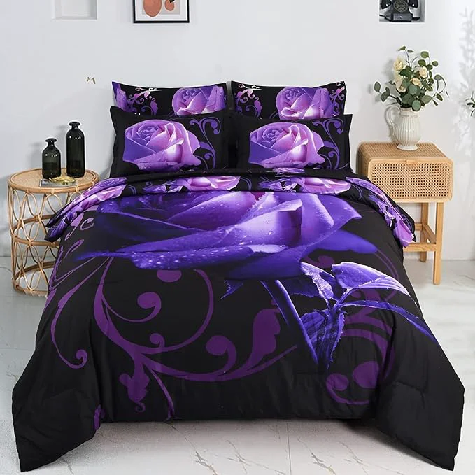 Flexible Xruibed Floral Comforter Set Queen 7 Piece Bed in a Bag Purple Rose Flower Comforter with Sheet Set Soft Micorfiber Bedding Set 1 Comforter 2 Pillow Shams 1 Flat Sheet 1 Fitted Sheet 2 Pillowcases Powerful
