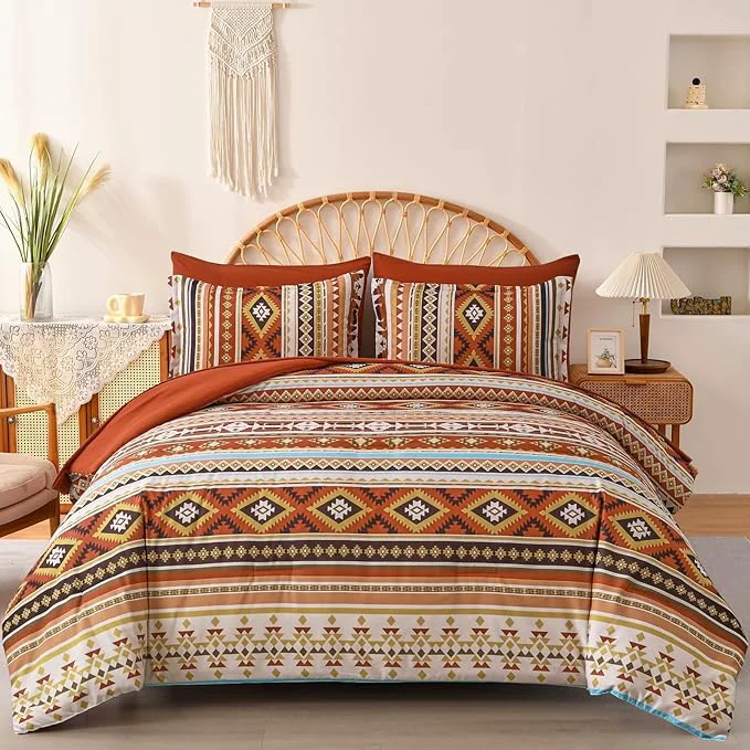 Expertly Made Dinjoy Queen Size Comforter Set Boho Burnt Orange Bed in a Bag Queen Striped Bedding Sets Fall Terracotta Comforters with Sheets 7 Pieces Complete Set Aztec for All Season 90 quot x90 quot Reliable