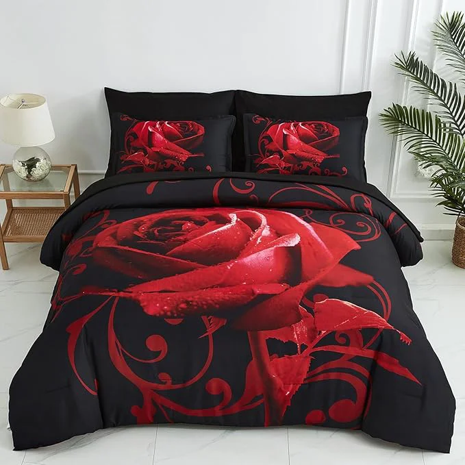 Eco-Friendly Red Comforter Set Full 7 Piece Bed in a Bag Red Rose Flower Comforter with Sheet Set Soft Micorfiber Reversible Bedding Set 1 Comforter 2 Pillow Shams 1 Flat Sheet 1 Fitted Sheet 2 Pillowcases Premium