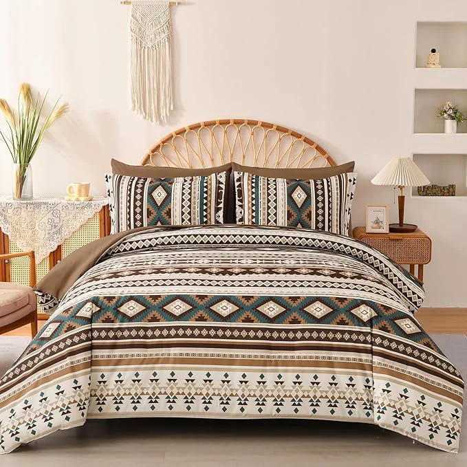 Excellent Dinjoy Boho King Size Bed in A Bag 7 Pieces Brown Coffee Comforter Set Aztec Striped Fall Bedding Set Bohemian Patchwork Complete Set Geometric Pattern Comforters for Women Men 90 quot ×104 quot Powerful