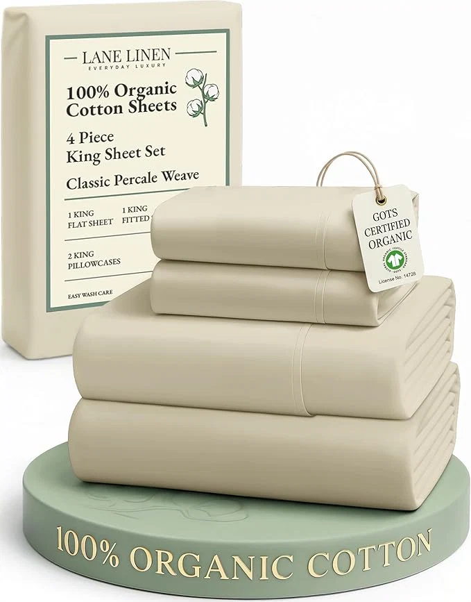 Casual LANE LINEN Organic Cotton Bed Sheets King Size Fully Elasticized Reinforsed Seams in Fitted Pocket Machine Washable Naturally Cooling All Season King Sheet Deep Pocket Bedding- Linen Green