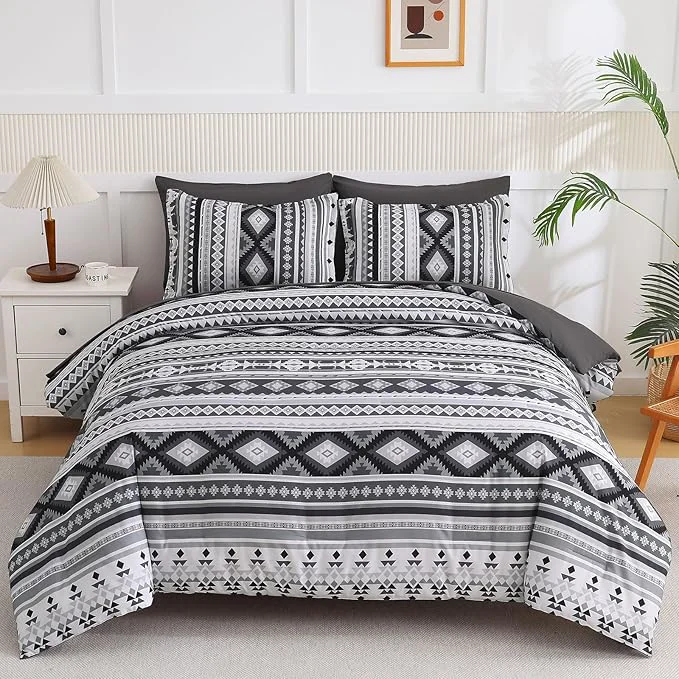Casual Dinjoy Dark Grey Boho Comforter Set Queen Size 7 Pieces Bed in a Bag Queen Warm Black Bedding Sets with Sheets Aztec Comforters Mens Striped Complete Set for Fall Winter 90 quot x90 quot Solid