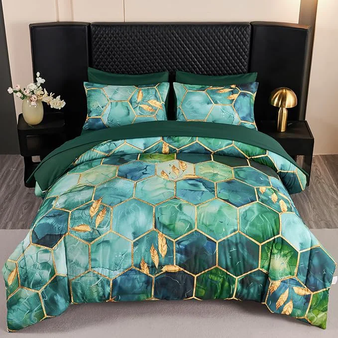 Clean ANGIYUIN 7Pcs Turquoise Green Marble King Size Bed in A Bag with Sheets Gold Honeycomb Watercolor Printed Comforter Set Luxury Foil Print Bedding Sets for Women Men King Teal Green Genuine