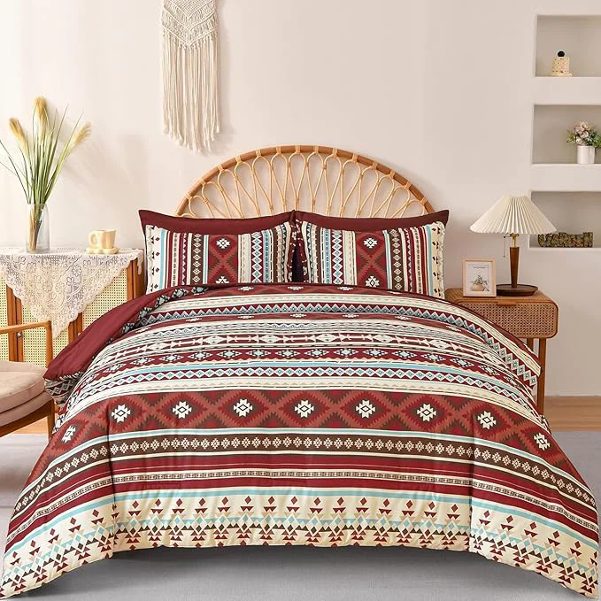 Eco-Friendly Dinjoy Boho King Size Bed in a Bag 7 Pieces Red Comforter Set Aztec Striped Fall Bedding Set Bohemian Complete Set with Sheet Fluffy Geometric Burgundy Comforters for Women Men 90 quot ×104 quot Optimized