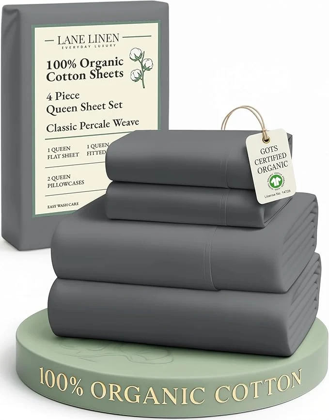 Trendy LANE LINEN Sustainably Produced Organic Cotton Queen Size Bed Sheets Soft amp Comfy Naturally Cooling Percale Cotton Sheets Low Pill Fade Resistant 15 quot Deep Pocket Queen Sheets– Charcoal Convenient