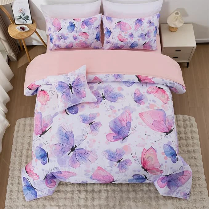 Exceptional A Nice Night 6pcs Bed in A Bag Watercolor Ink Wash Tie-Dye Butterfly Printed Butterflies Flying Bedding Comforter Set Twin，Purple Detailed