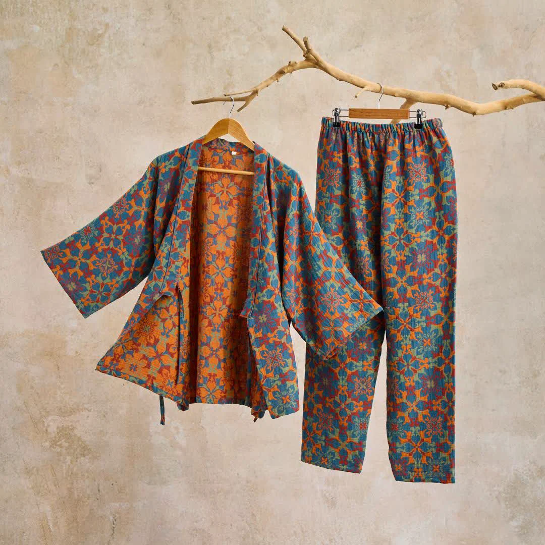 Relaxed Ownkoti Geometric Pattern Cotton Kimono Loungewear Set Practical