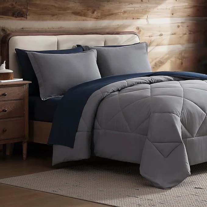 User-Friendly Coleman Queen Comforter Set Reversible Bed-in-a-Bag– Double-Sided Color Options All-Season Comforter Shams Sheets – for Home Cabin or Camp Use Navy Gray Official
