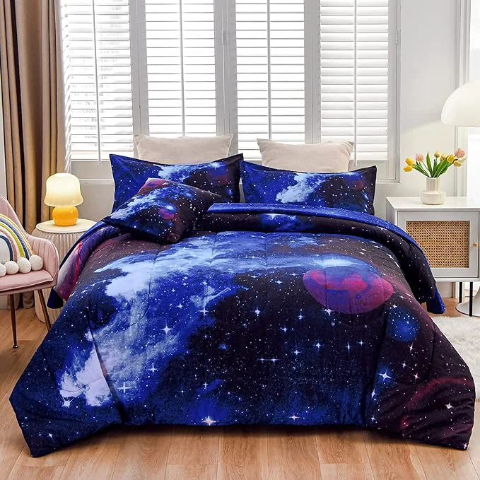 High-End A Nice Night Galaxy 6Pcs Bedding Sets Outer Space Comforter Bed in a Bag 3D Printed Quilt for Children Boy Girl Teen Kids Queen 6Pcs Specialty